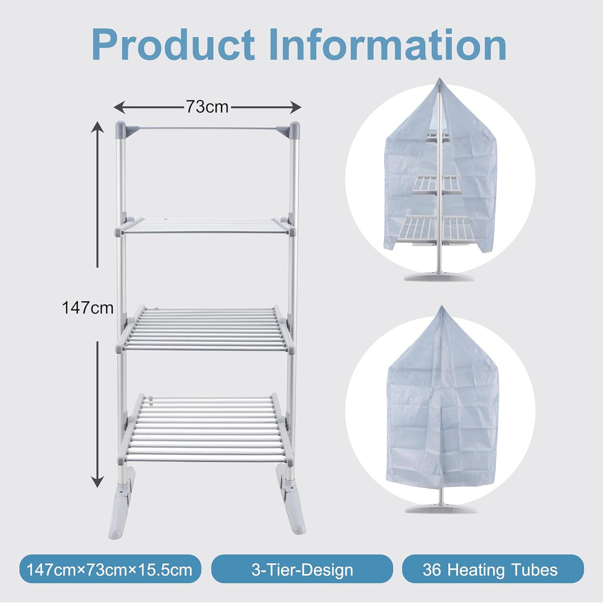 Electric 3 Tier Heated Airer XL Size with Cover Included, 36 Heated Bars Dryer Rack, Indoor Laundry Clothes Drying Horse, Portable Foldable