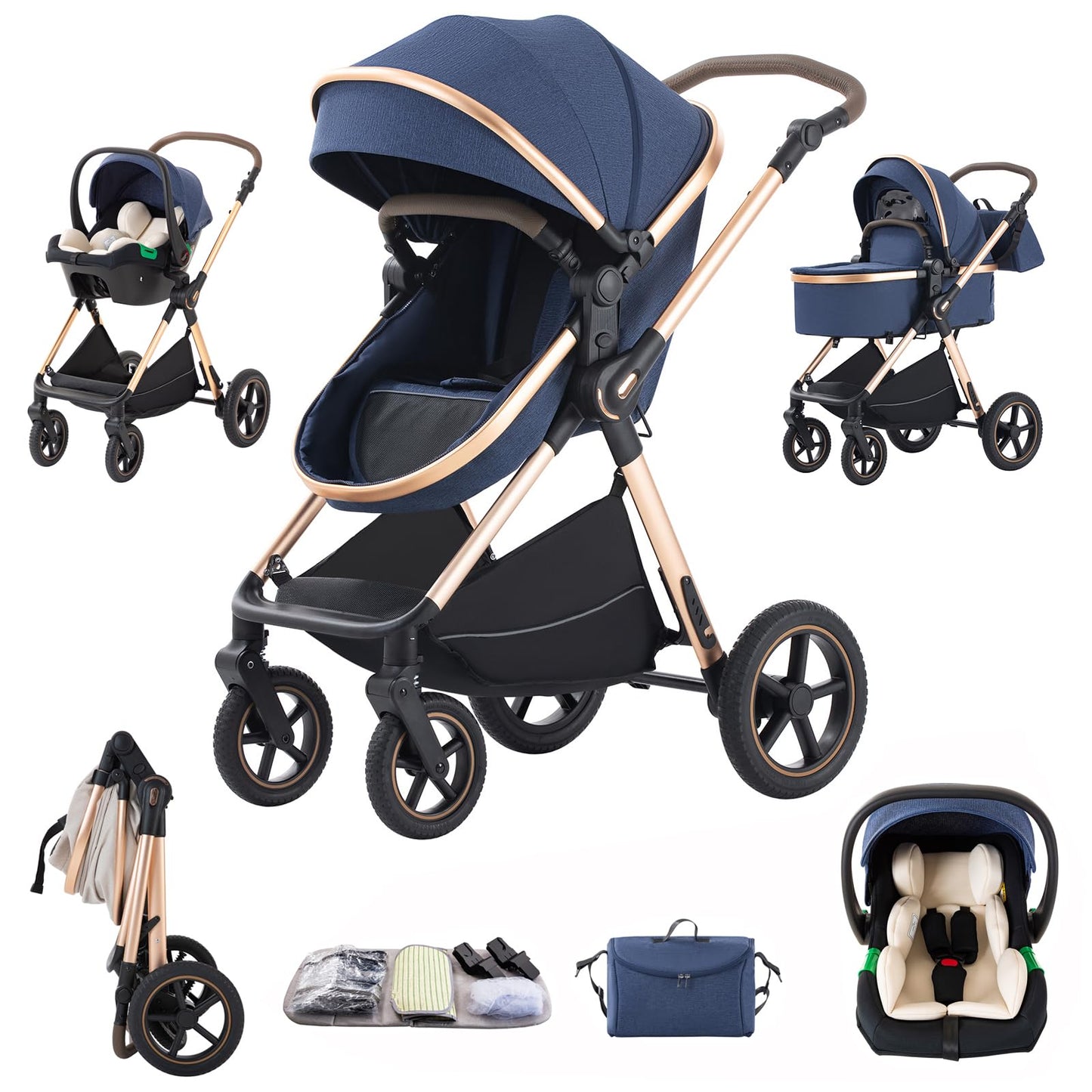 3 in 1 Pram Pushchair Aluminium Frame High Landscape Combined Buggy Lightweight Folding Stroller 3 in 1 Travel System Pram for Newborns Toddlers 0-36 Months from Birth (H9-Pink, H9)