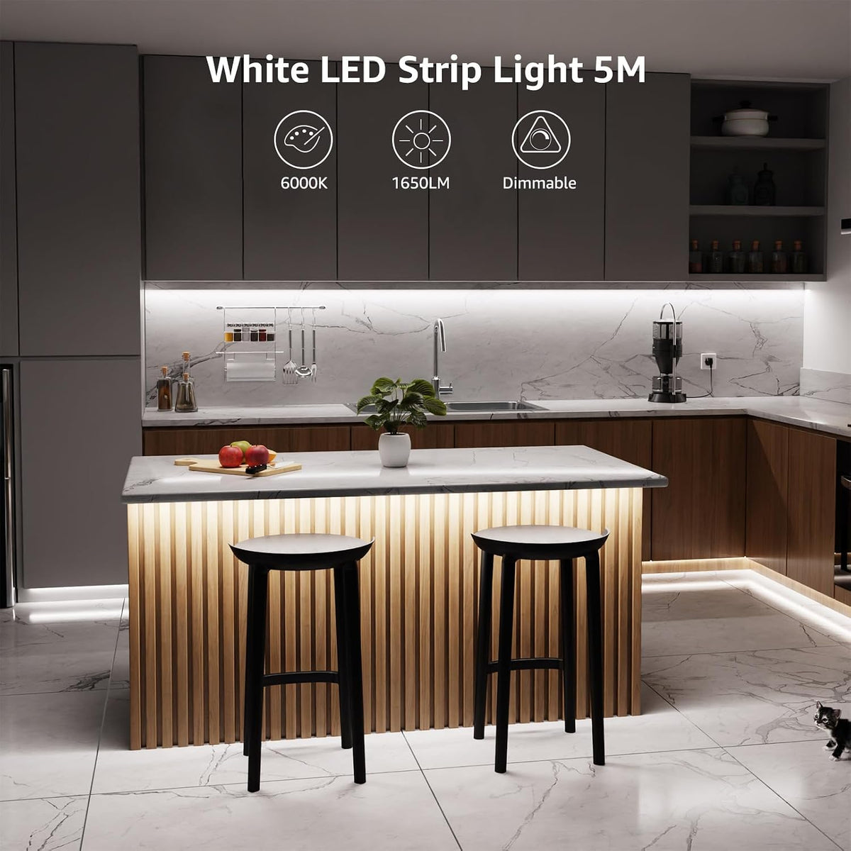 Lepro 5M LED Strip Light, Cool White 6000K, 1650LM 15W, Dimmable, Stick on