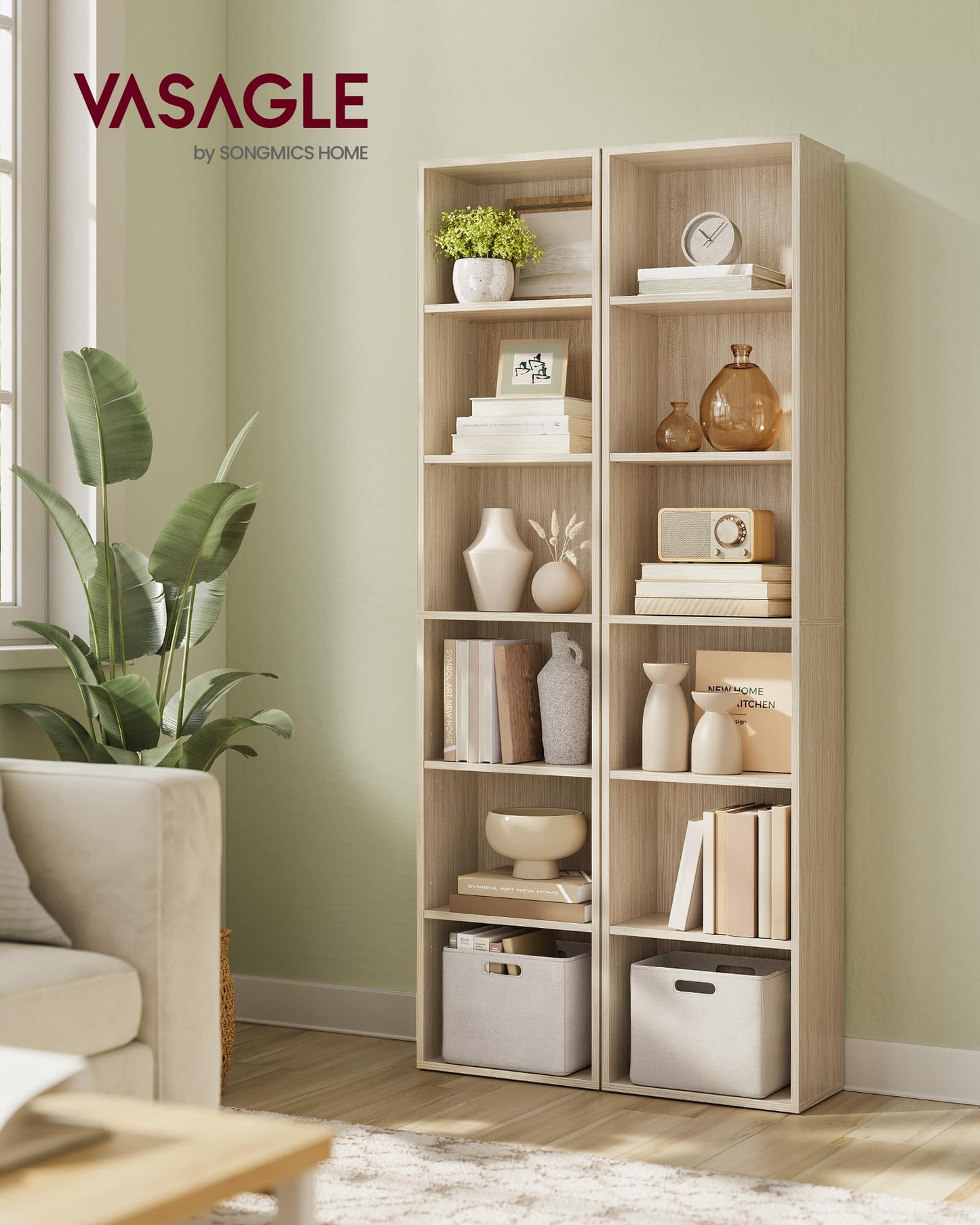VASAGLE Bookcase, 6-Tier Bookshelf, Open Storage Shelf, Shelving Unit, 24 x 60 x 178.5 cm, for Living Room, Home Office, Dinning Room, Cloud White LBC169T14