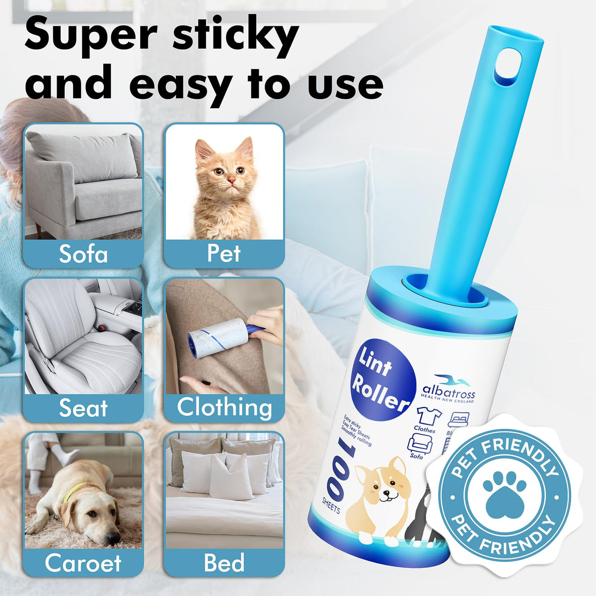 Lint Rollers 400 Sheets Lint Remover for Pet Hair, Couch, Clothes Furniture, and Carpet, 2 Handles, 4 Rolls(100 Sheets Per Roll)