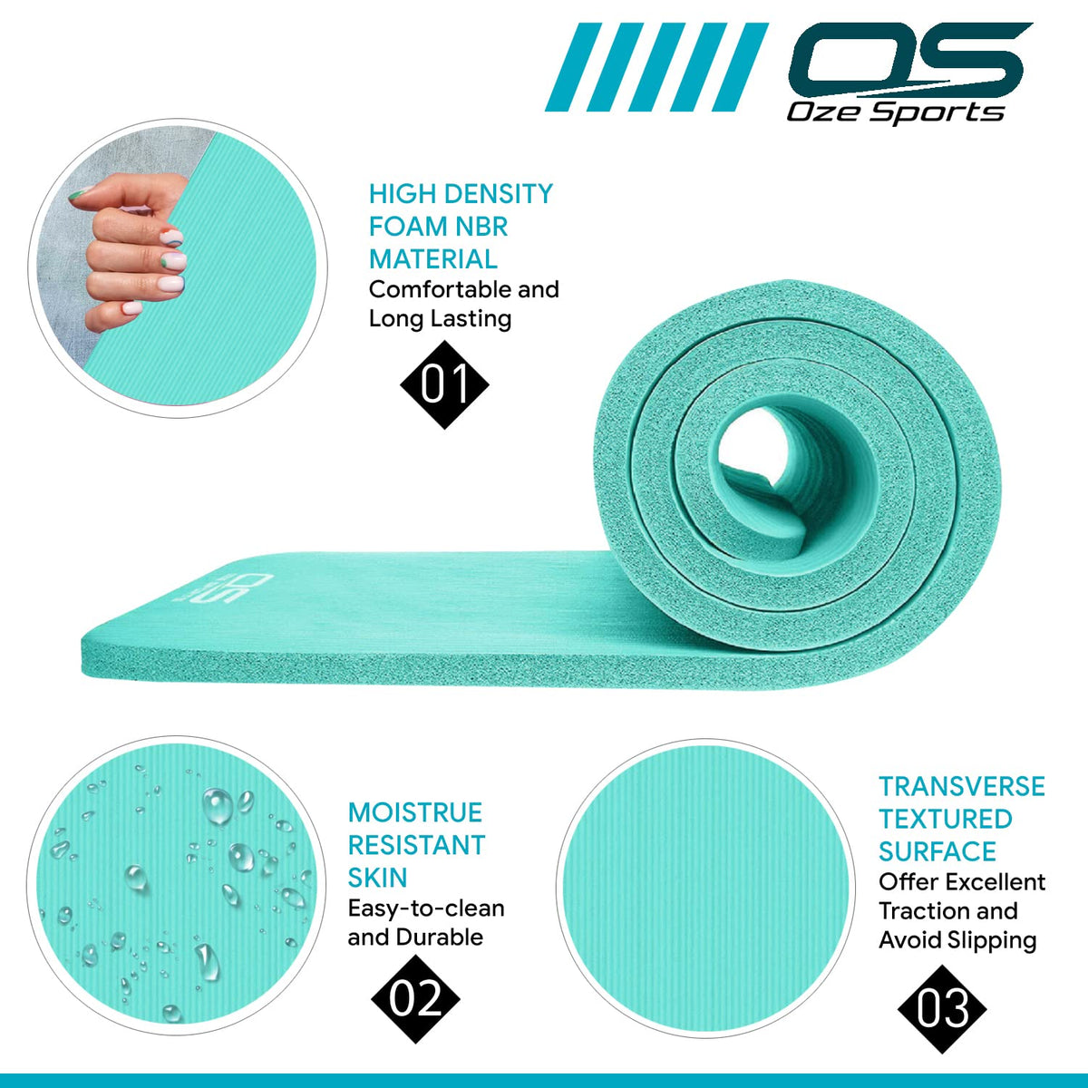 OZE SPORTS Yoga Mat, NBR Foam, Extra Thick, Non-Slip, High Density, Large, for Pilates, Gymnastics, HiiT and Fitness, with Free Carry Strap