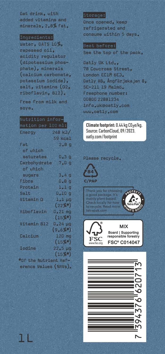 Oatly Whole Oat Drink 1 Litre (Pack of 6)