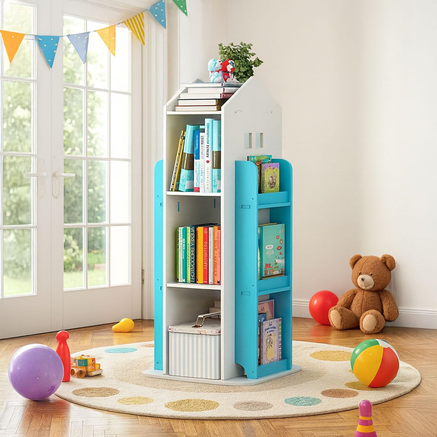 Neo House Shaped 360° Rotating Kids' Children's Freestanding Bookshelf Bookcase 10 Shelf Shelve Space‑Saving Design (White)
