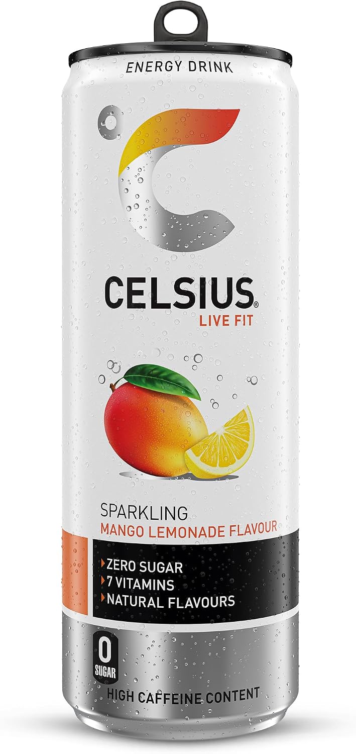 CELSIUS Energy Drink, Sparkling Mango Lemonade, Natural Flavours. No Artificial Colours, Sugar Free Energy Drinks, 355 mL, 4-Pack