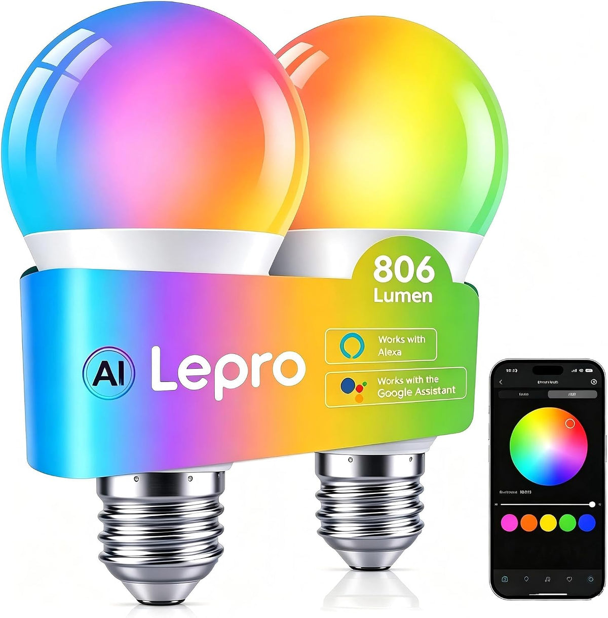 Lepro E27 Smart Bulbs, 806lm 8.5W, RGB Colour Changing, AI Lighting, 2 Pack