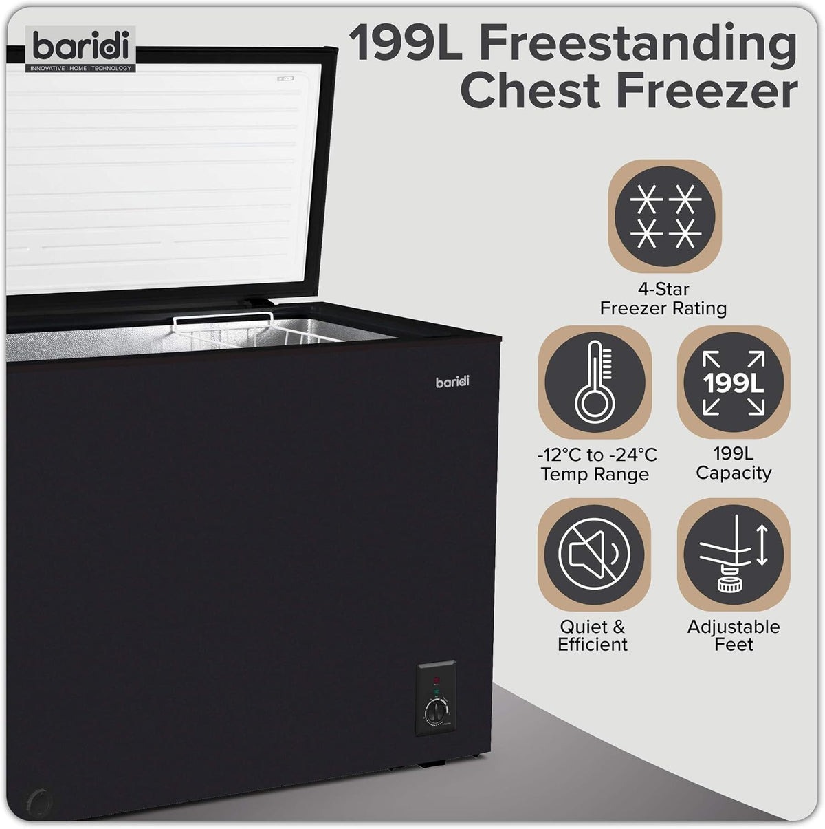 Baridi 299L Freestanding Chest Freezer with Adjustable Thermostat, Black - DH261