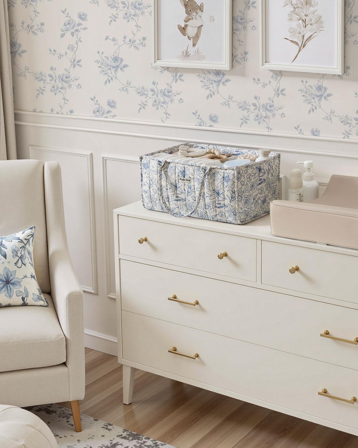 Blissful Diary Nappy Caddy Organiser, Baby Diaper Caddy for Nappy Station, Stylish Storage Basket for Newborn Essentials, Baby Shower Gifts for Girl or Boy, Woodland Cream