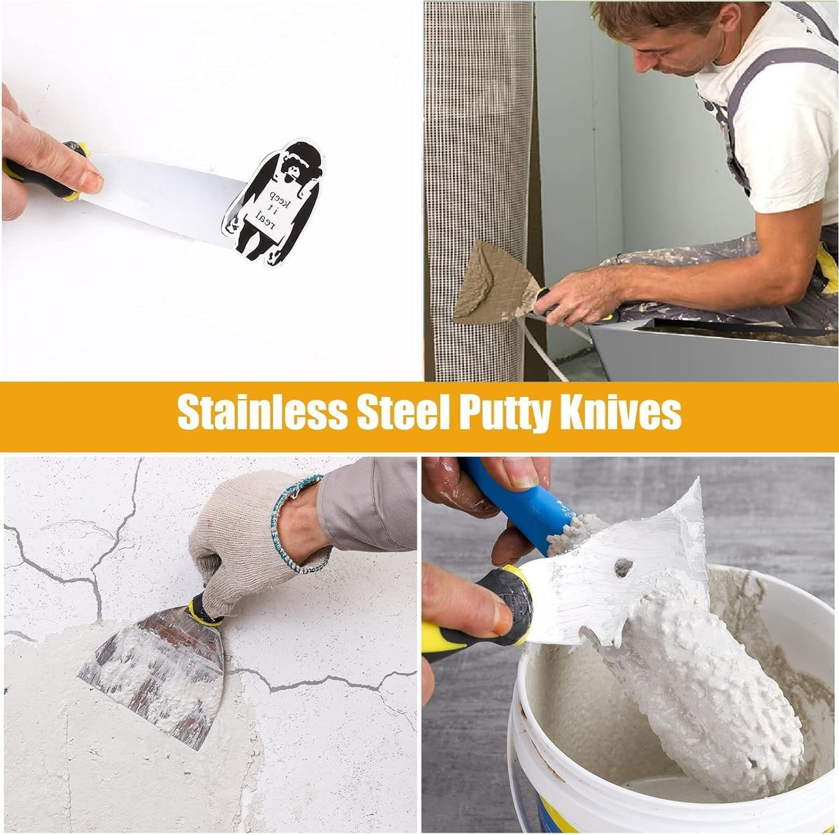 suokoun Wallpaper Scraper Set, 7 Pieces Stainless Steel Drywall Hand Tool Kit Includes Taping Putty Tool and 12" Mud Pan with Soft Grip Handle for Drywall Work