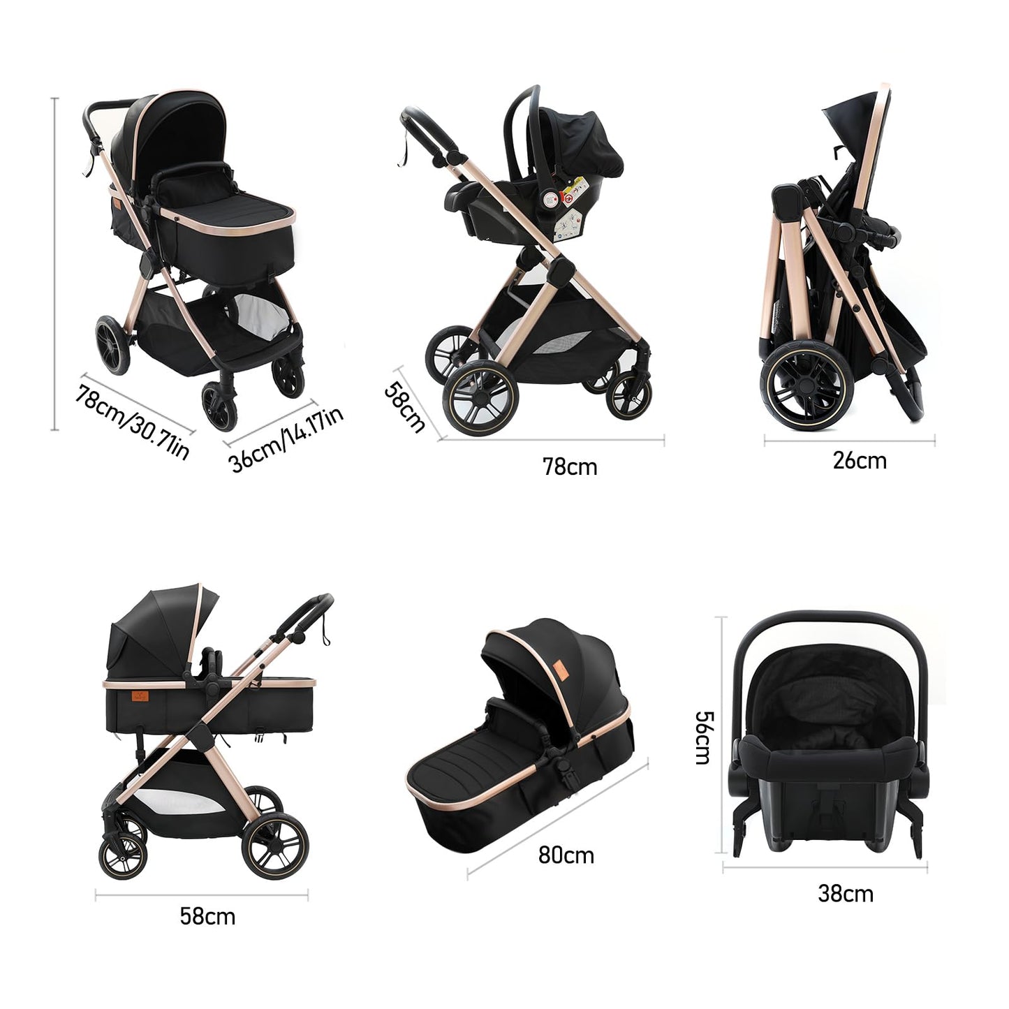 PU Leather 3 in 1 Pushchair Travel System, Toddler Stroller, Baby Pram 3 in 1, Infant Carriage with One-Click Folding, Newborn Buggy with Aluminum Frame (V6 Black)