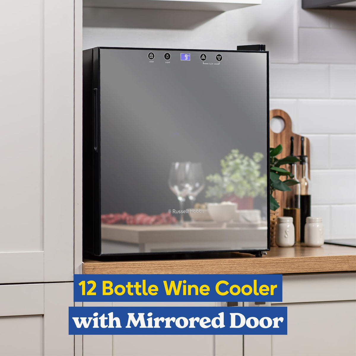 Russell Hobbs 20 Bottle 62L Mirrored Door Wine Cooler Freestanding Beverage Drinks Fridge, LED Light with Touch Control, Digital Display, Adjustable Shelves, Glass Door RH20WC201MR