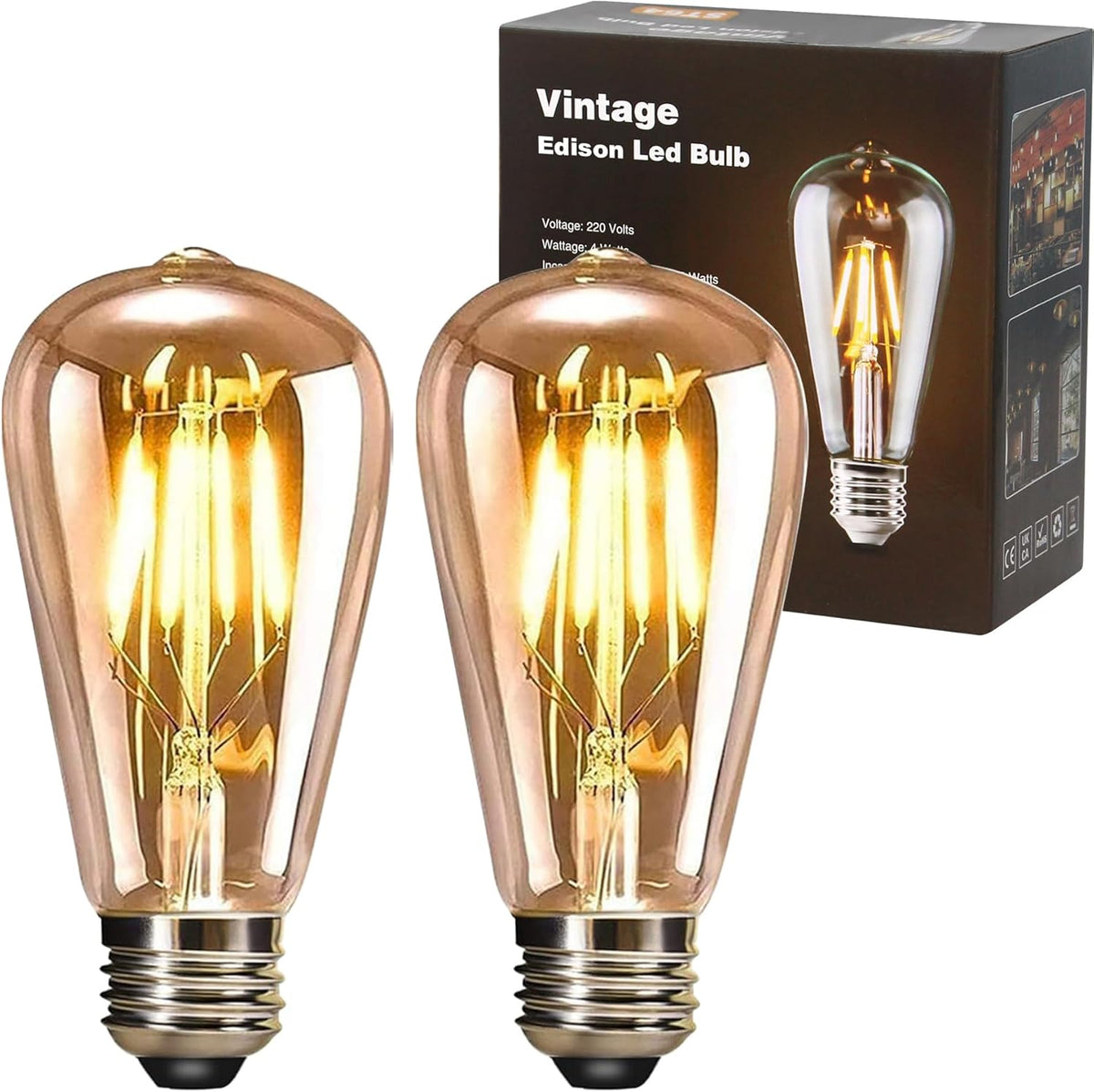YOUDIAN E27 LED Edison Screw Bulb,Vintage Light Bulb ST64 4W(Pack of 2)