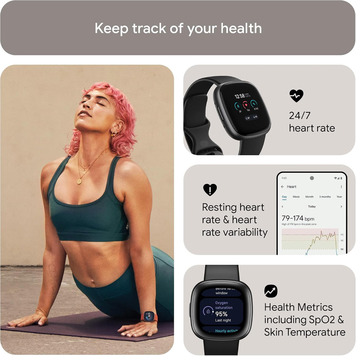 Fitbit Google Versa 4 Fitness Smartwatch with 3 Months Google Health Membership Included and up to 6 days battery life - compatible with iOS & Android, Black/Graphite Aluminium