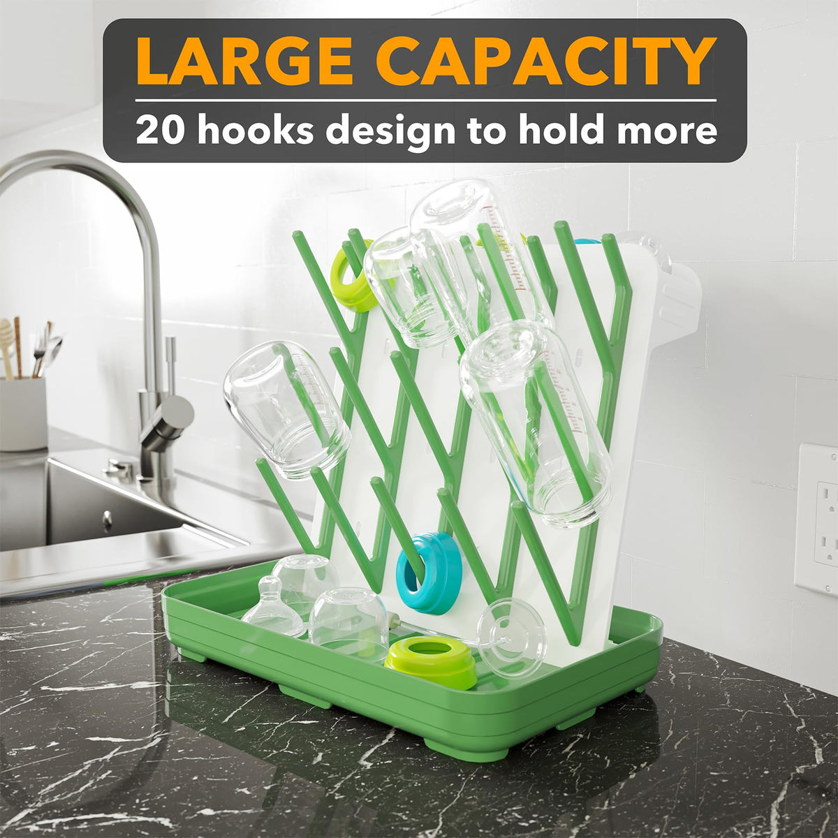 SpaceAid Baby Bottle Drying Rack with 20 Hooks, White and Gray