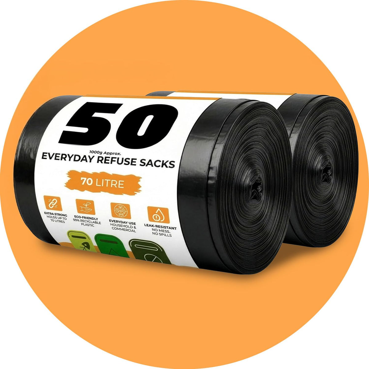 Roe Tenpo 100 Pack Heavy Duty Black Bin Bags – 100L, 33 μm Recyclable Refuse Sacks, Leak-Proof Bin Liners – Rubbish Bags for Kitchen, Home, DIY & Garden, Household, Office & Catering