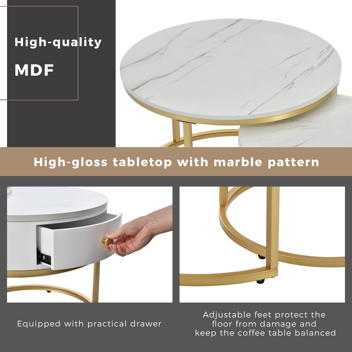 ModernLuxe 2-in-1 Coffee Table, Multi-functional Side Table with Marble Grain Veneer Top, Rattan Drawers, Solid Wood Handles, Gold Coloured Iron Legs, Round Nest of Tables for Living Room, Black