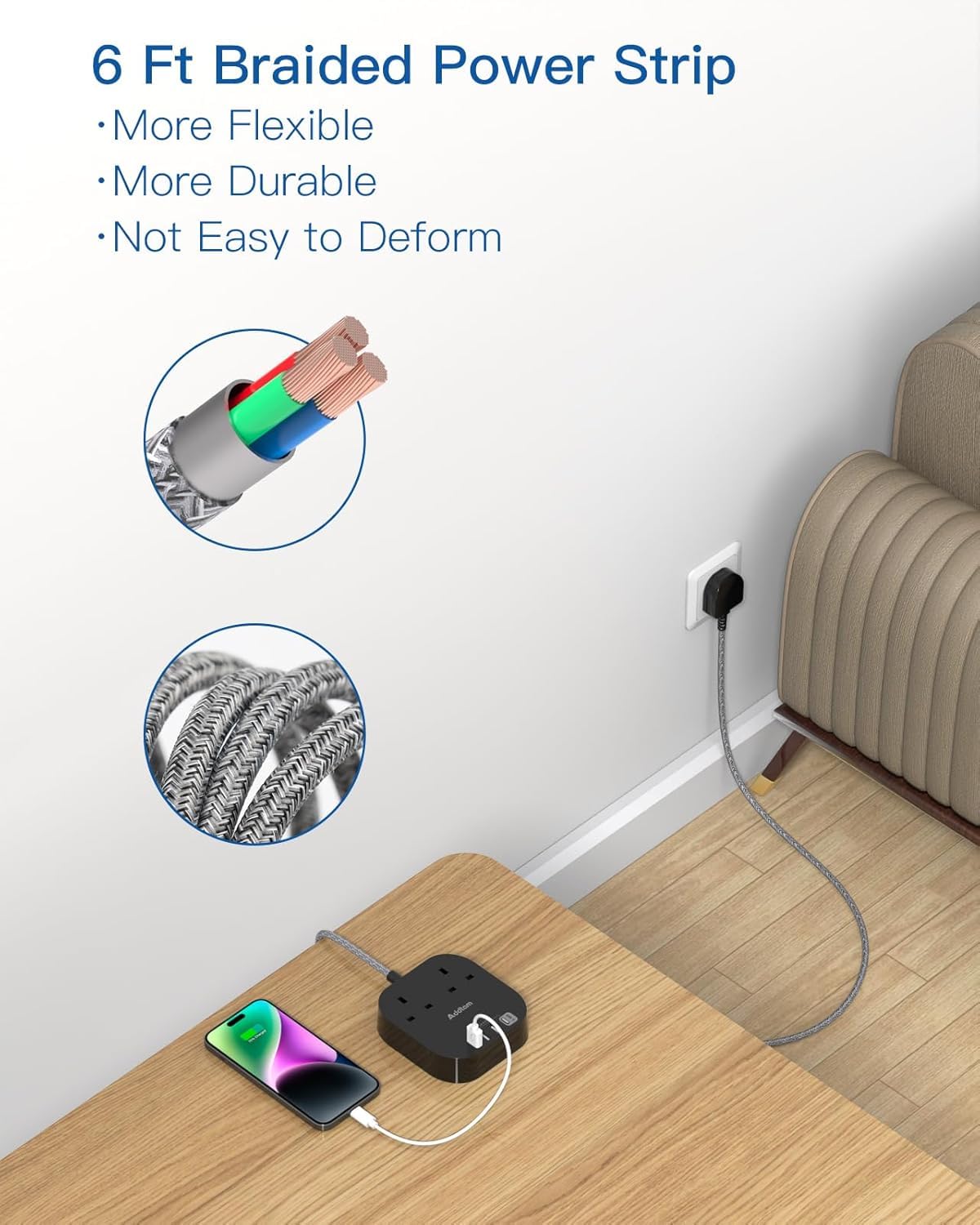 Addtam 3M Extension Lead with USB Slots, Power Strips with 2AC Outlets 4USB