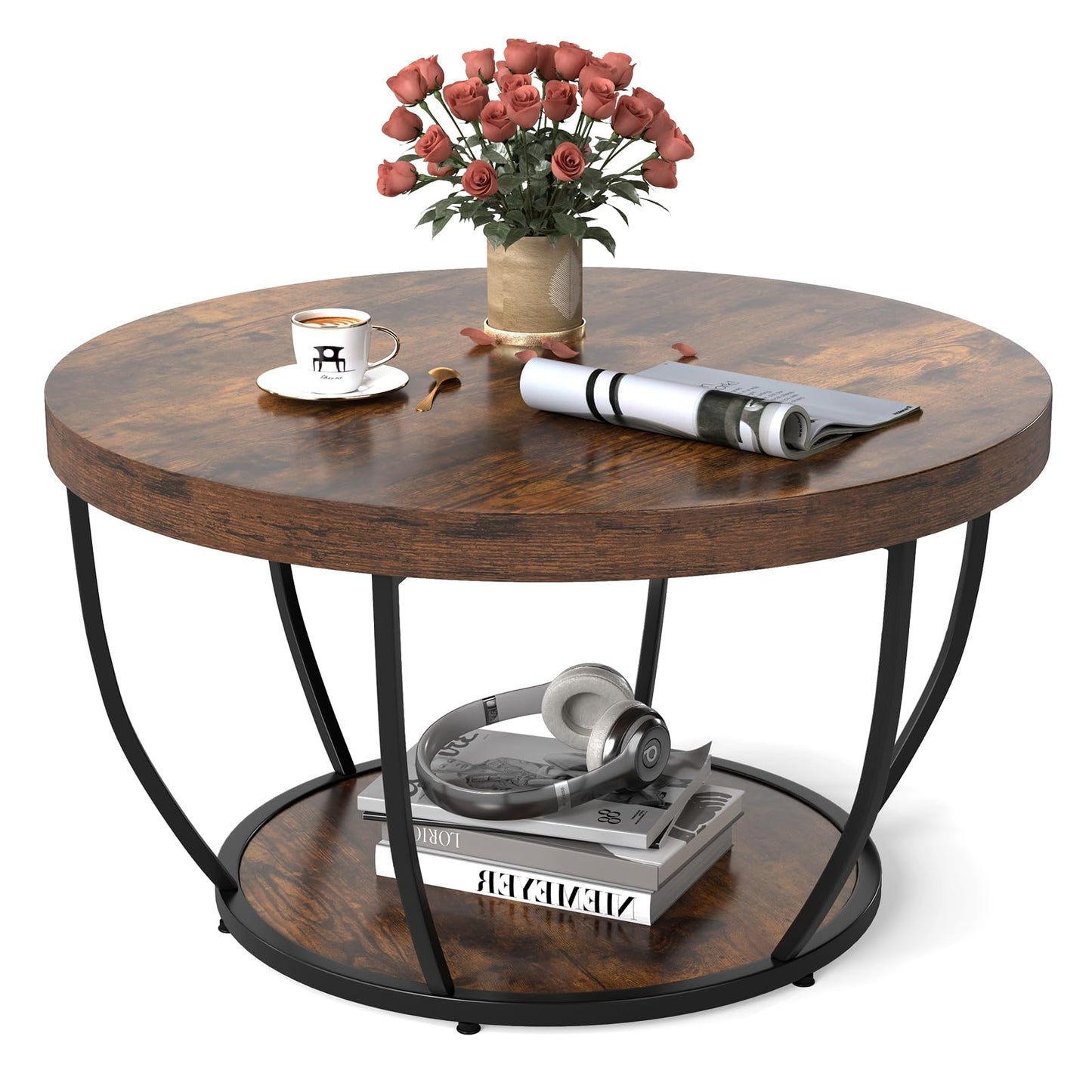 COSTWAY 2-Tier Round Coffee Table with Storage Shelf, Metal Frame Industrial Accent Cocktail Center Unit Sofa Side Tea Table for Living Room, Bedroom and Office, 80x80x45cm (Rustic Brown+Black)