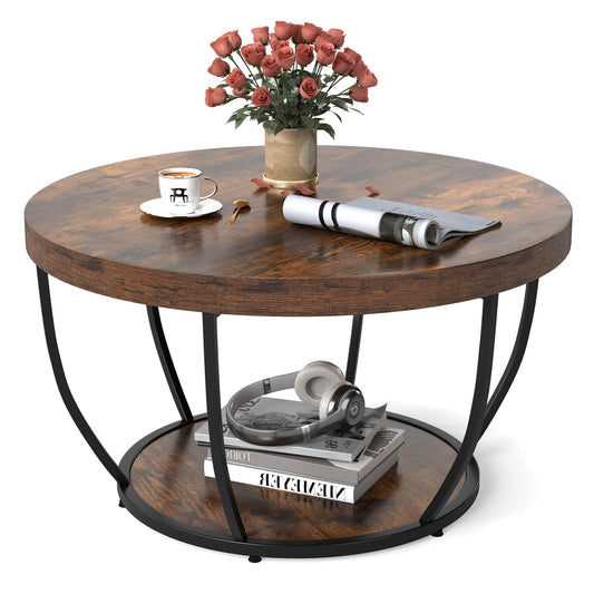 COSTWAY 2-Tier Round Coffee Table with Storage Shelf, Metal Frame Industrial Accent Cocktail Center Unit Sofa Side Tea Table for Living Room, Bedroom and Office, 80x80x45cm (Rustic Brown+Black)