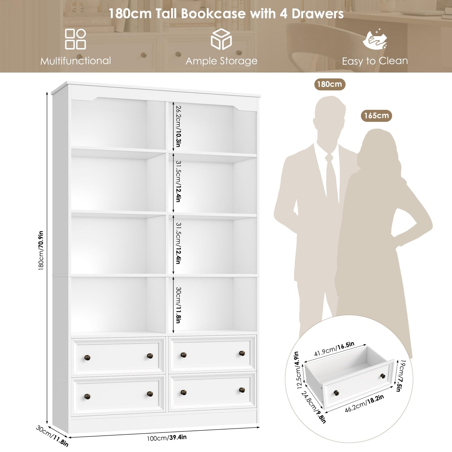 FirFurd Bookcase 180cm Tall Bookshelf with Drawers Living Room Bookcase 8 Open Compartments Free Standing Display Shelf Tall Shelving Unit for Home Office 180x100x30cm White
