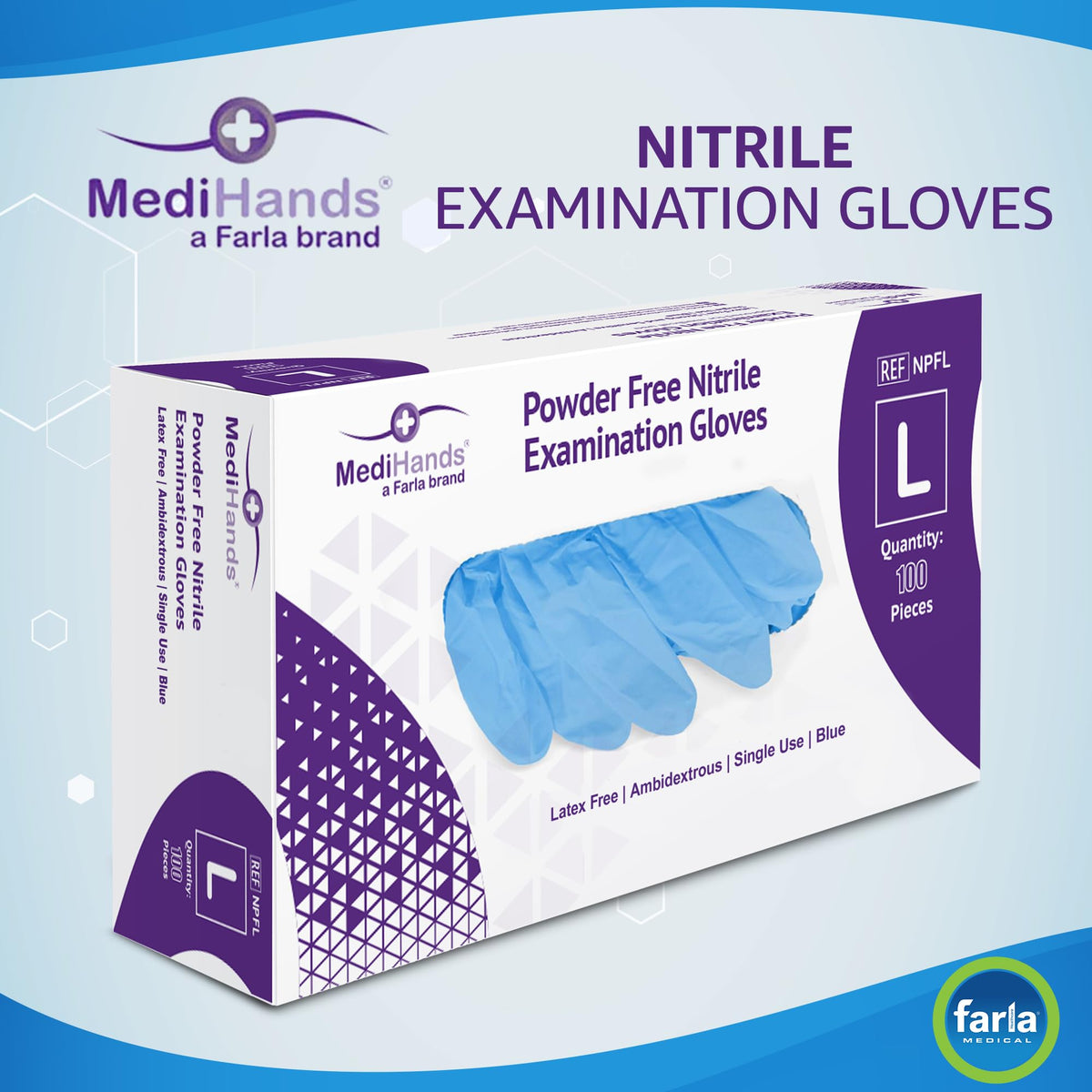 MediHands Nitrile Gloves Medium, Blue Heavy Duty Disposable Glove and Surgical Gloves, Powder Free and Latex Free, Medical, Food, Multi Use, Pack of 100