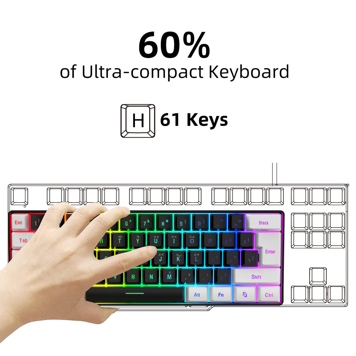 Snpurdiri Wired Mechanical Gaming Keyboard, 60% Size, LED Backlight, 61 Keys, Small Wired Office Keyboard for Windows Laptop/PC, Mac (Black-Red, Blue Switches)