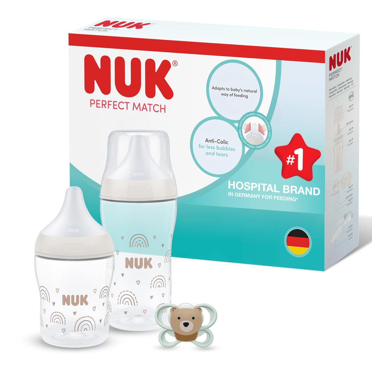 NUK Perfect Match Newborn Baby Bottle Set | 0+ Months | 150ml | Anti Colic Feeding Bottle | PP | Temperature Control Indicator | Rainbow | 4 Count