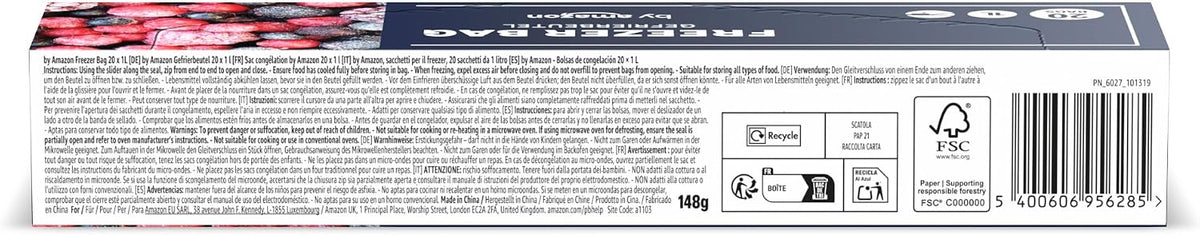 by Amazon 1 Litre Freezer Bags with Glide Closure, Pack of 20