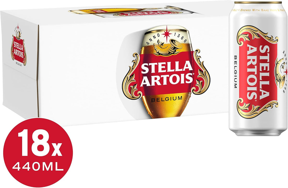 Stella Artois Premium Lager Beer Can, 440ml (Pack of 18) Packaging May Vary