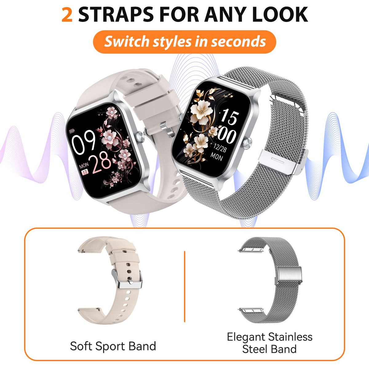 Smart Watch for Women Men - Answer/Make Call, Fitness Tracker Smartwatch for Android iPhone Compatible, Sleep Female Cycle, 120+ Sports Modes Step Counter (Blue, 2 Straps)