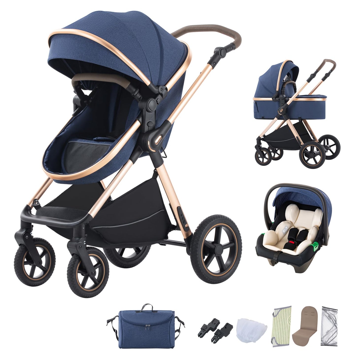 BEBBY Stroller 3-in-1 Baby 3 in 1 with Seat with Foldable Aluminium Frame, Compact Stroller with Adjustable Armrests, Combined Strollers,High Landscape Travel Pushchair (gen-H9-PINK, H9)