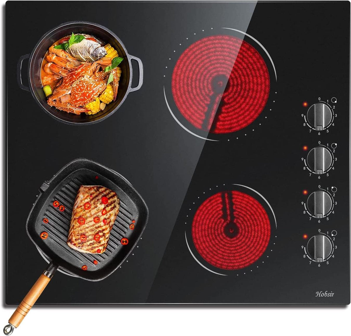 Hobsir Ceramic Hob with Knobs, Built-in Electric Cooker Hob 4 Burners 60 cm