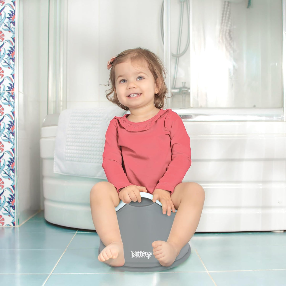 Nuby Beginner's Potty Training Seat with Removable Bowl and Integrated Splash Guard, Fun Transition to The Big Toilet, Non-Slip Base, Gray