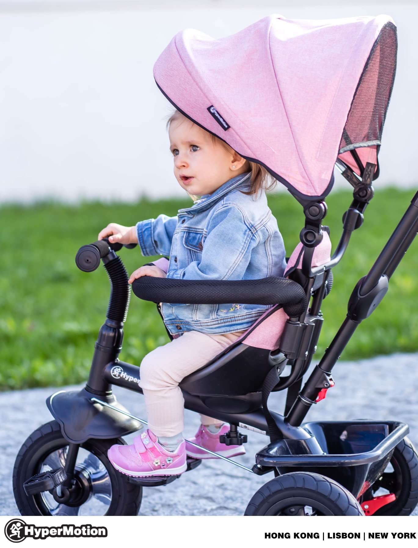 HyperMotion Toddler Tricycle with Parent Handle, Canopy, Safety Belt & Basket — From 12 Months