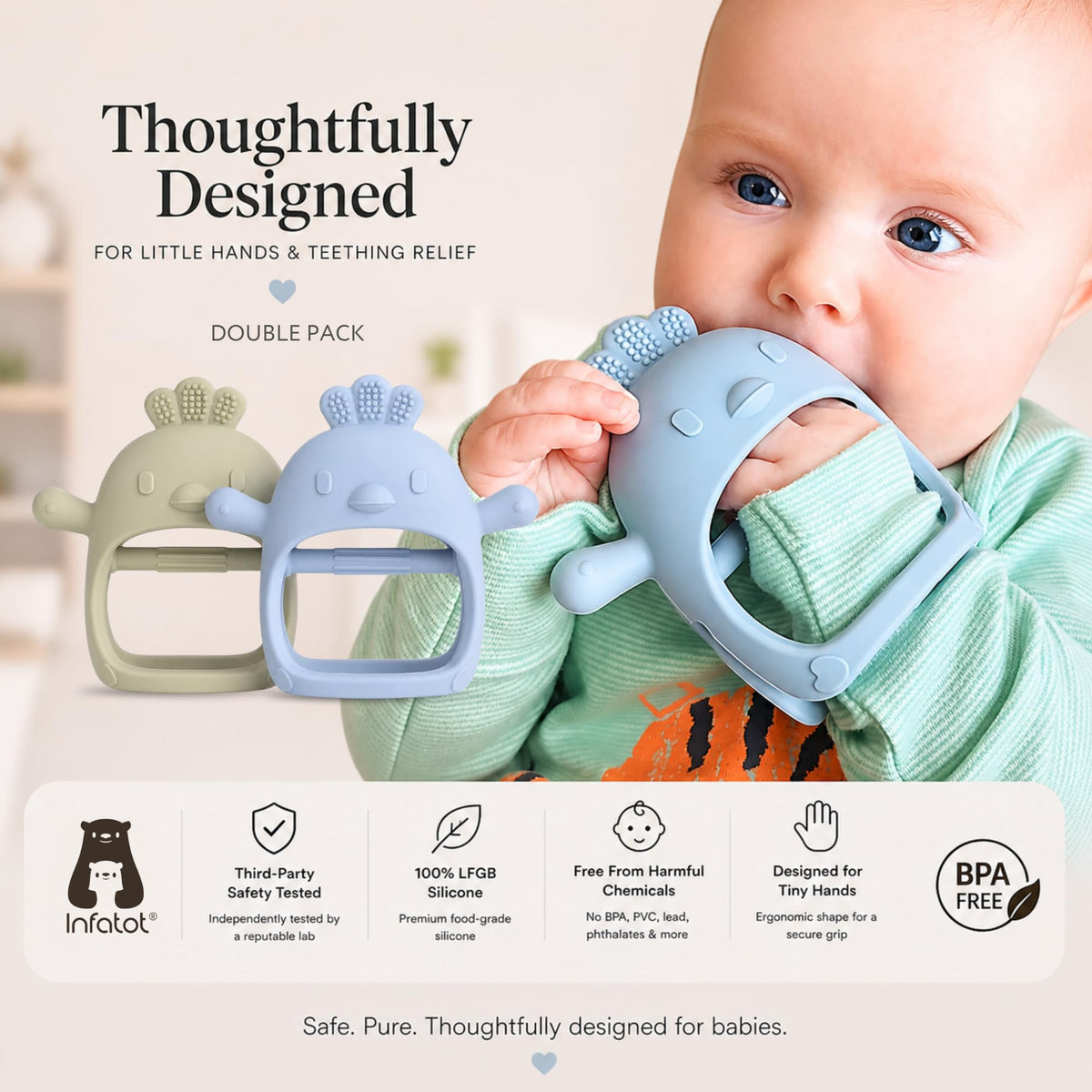 Infatot® Teething Toys for Baby Gifts – Chipmunk Silicone Mitten Teether, Soothing Glove for Infants, Baby Toys 0-6 Months, Soft Chewable Teether Toy to Prevent Finger Sucking, CM Blue.