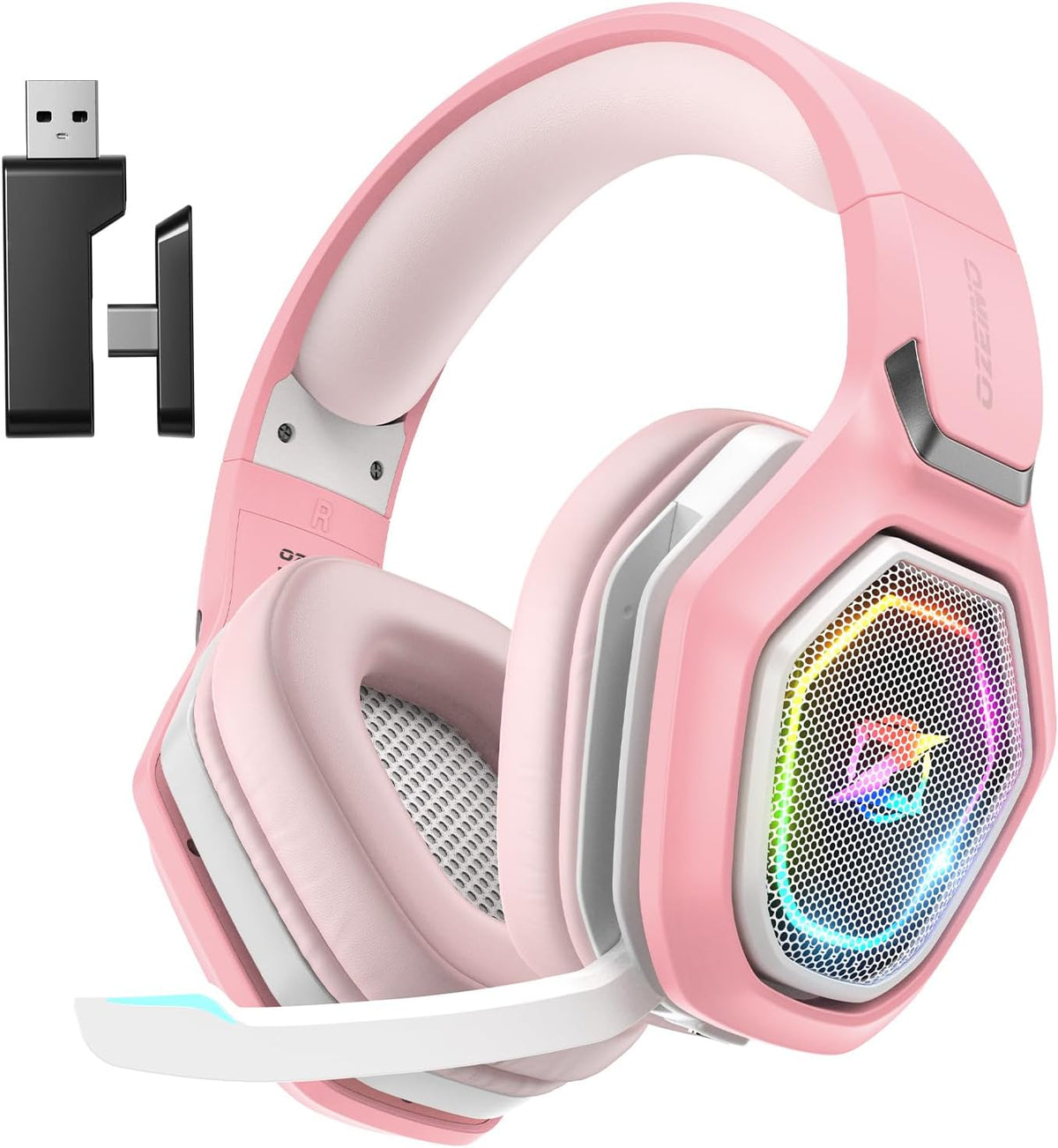 Ozeino Wireless Gaming Headset with Microphone, 2.4G & Type C Transmitter - 40h Battery Life - RGB Lighting Gaming Headphones for Ps5, Ps4, PC, Switch, Phone (Pink)
