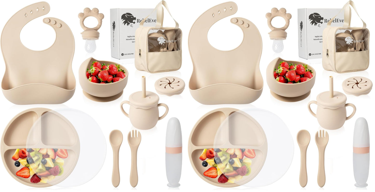 Baby Weaning Set - Silicone Baby Feeding Set with Bag for Travel or Storage at Home - Baby Fruit Feeder and Baby Bottle with Spoon Included