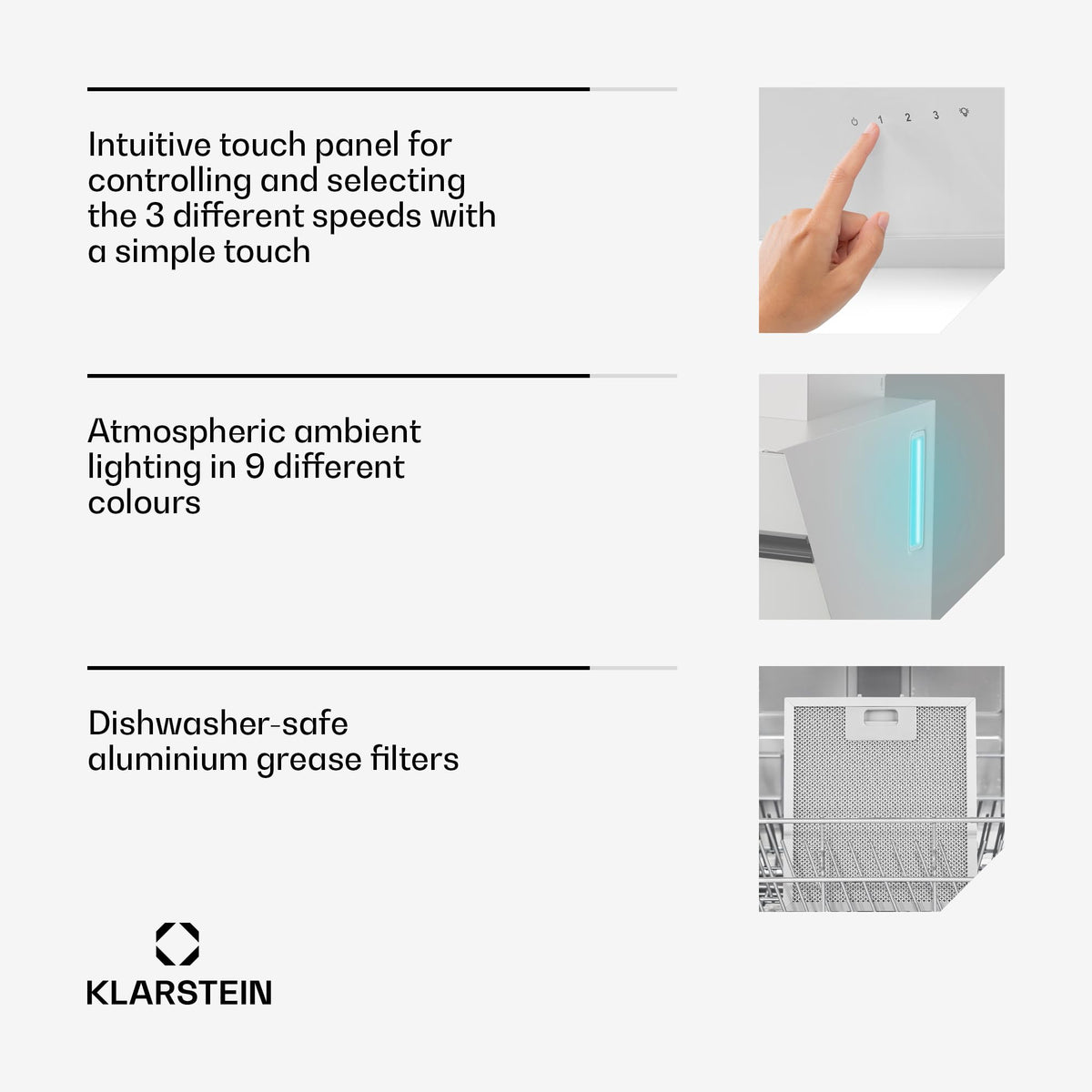 Klarstein Alina 90 Angled Cooker Hood - 615m³/h Air Flow, Touch Panel, LED Backlighting, Quiet 63dB, Energy Class A, 90cm Extractor Hood, Black