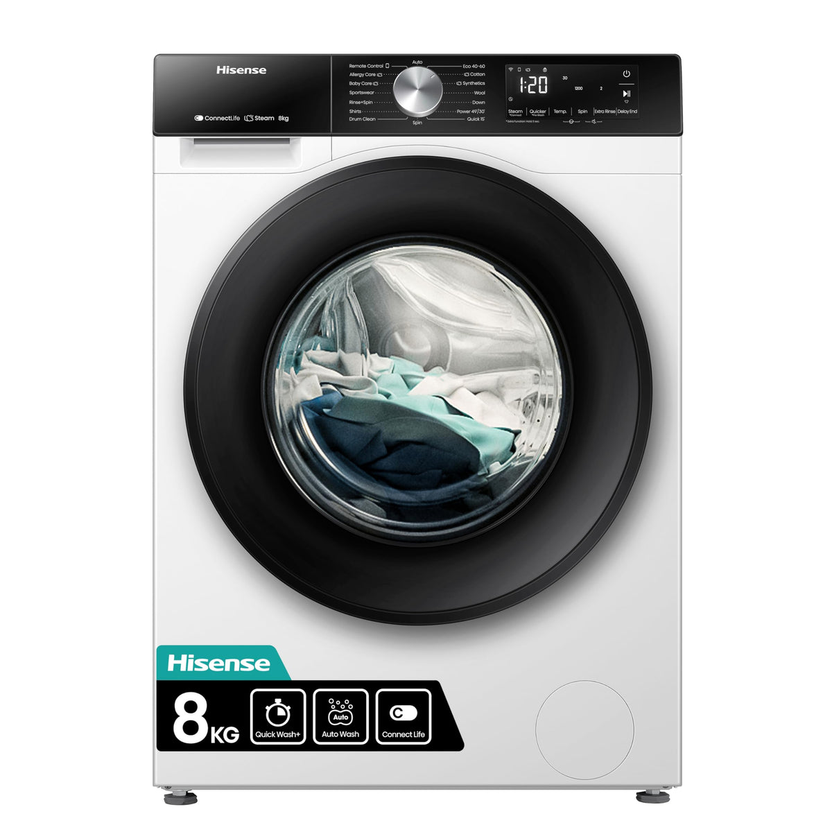 Hisense WF1G7021BW Freestanding 7 KG-Front Load Durable Inverter Washing Machine, Steam Wash-Quick Wash-15 Washing Programs-1200 RPM-White-Energy Rating B