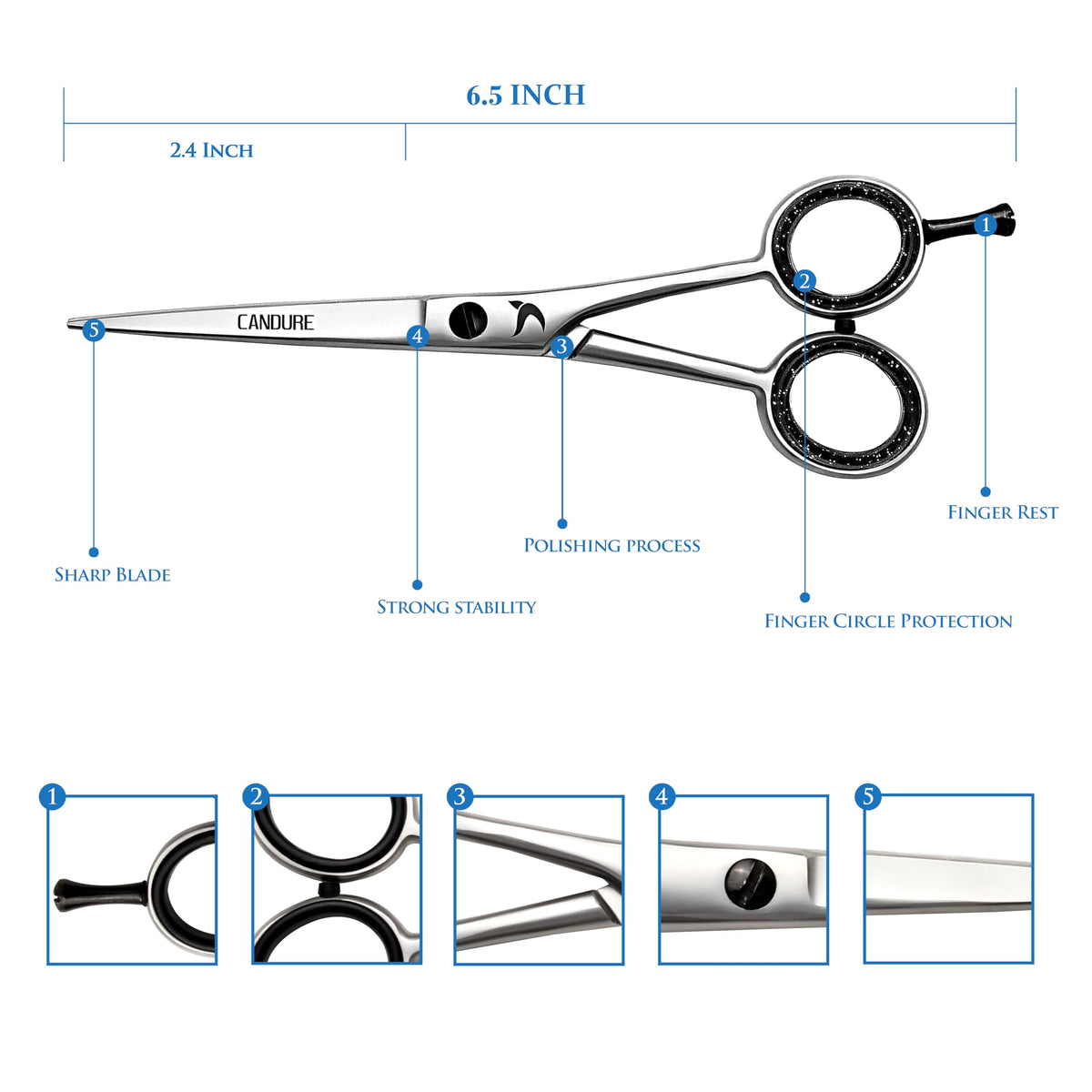 Candure Hairdressing Scissor with Comb & Leather Pouch 6.5" - Hair Scissor for Professional Hairdressers, Barbers Stainless Steel Hair Cutting Shears for Salon, Men, Women, Children and Adults Black