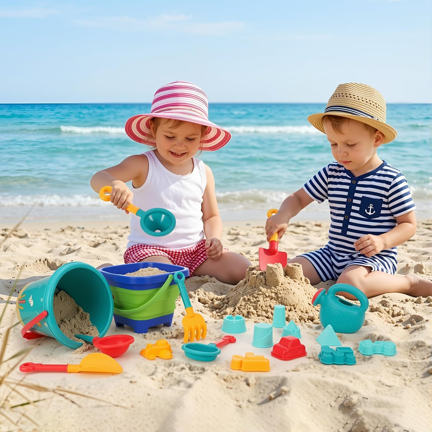 Beach Sand Toys Set, 19Pcs Sand Pit Toys With Collapsible Bucket and Spade Beach Set Kids Sand Sandpit Toys for Toddlers, Outdoor Fun Sand Toys for Boys Girls Toddlers Age 3 4 5 6 7 8