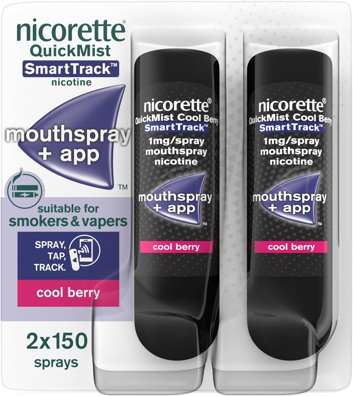 Nicorette Quickmist SmartTrack Mouthspray (2 x 150 sprays), Freshmint, Quit Vaping or Quit Smoking Aid designed to start reducing cravings in 30 Seconds, Smoking or Vaping Cessation Aid