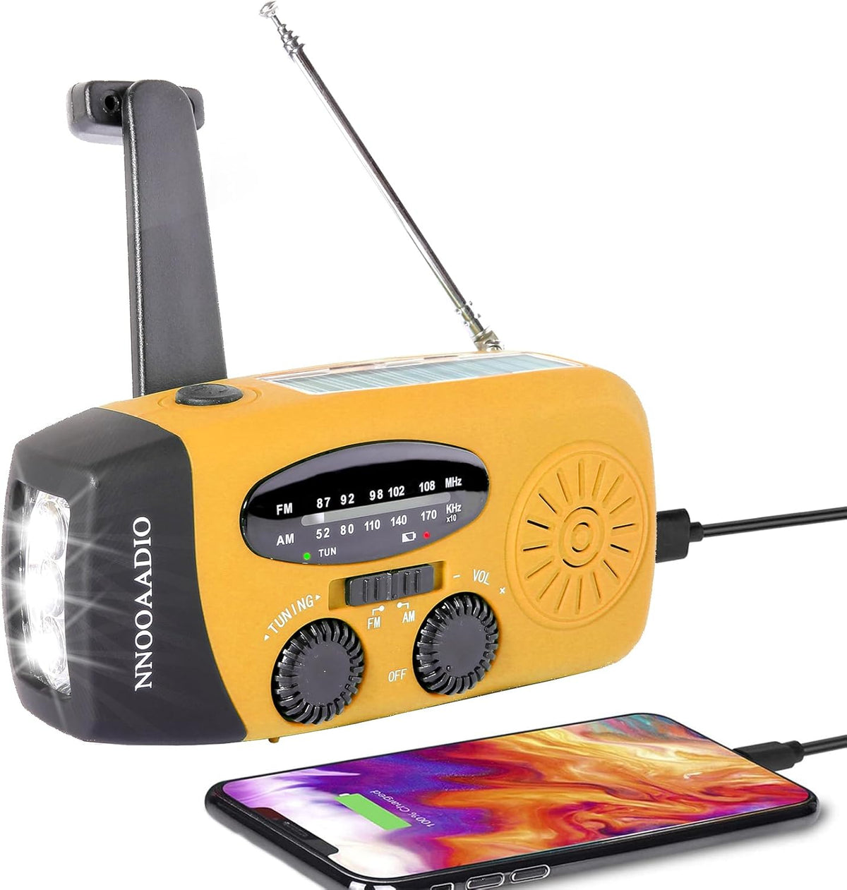 NNOOAADIO Wind Up Solar Hand Crank Radio, 2000mAh SOS Alarm for Camping