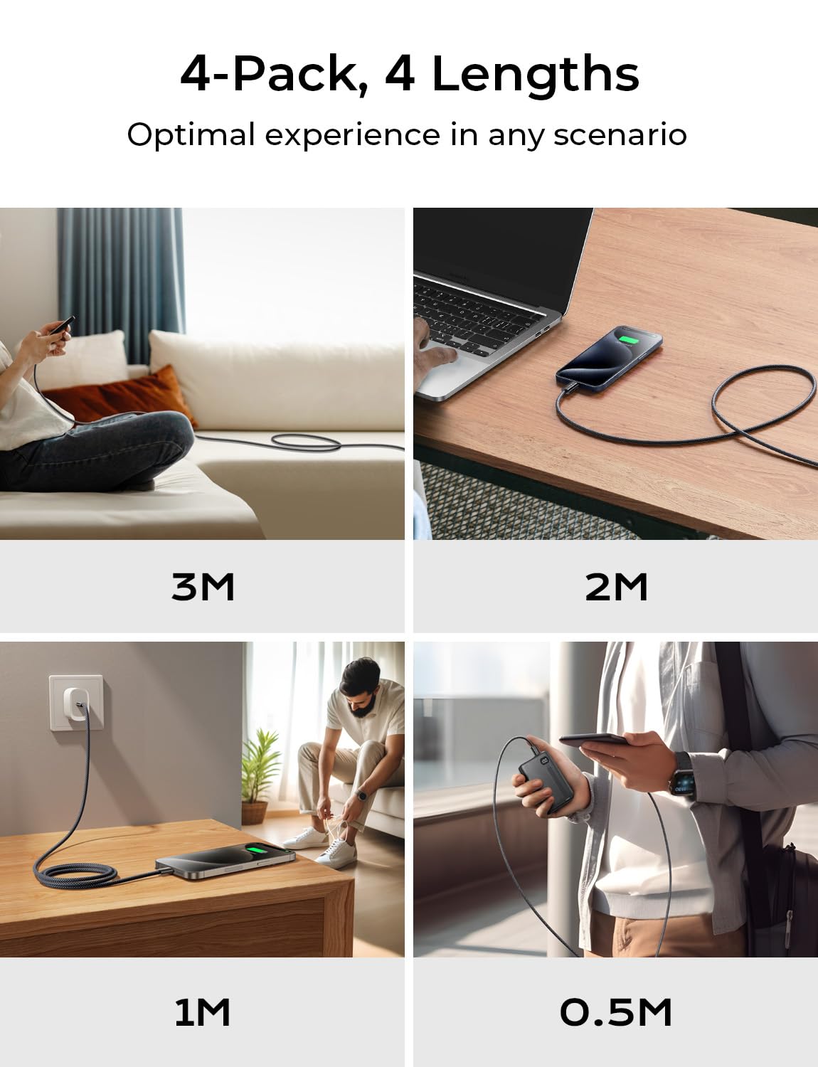LISEN 60W for Samsung Type C 4-Pack [1M+1M+2M+2M] USB C Charger Cable for iPhone 15 Pro Max, iPad Pro/Air/Mini, Samsung S24, LG, Google Pixel