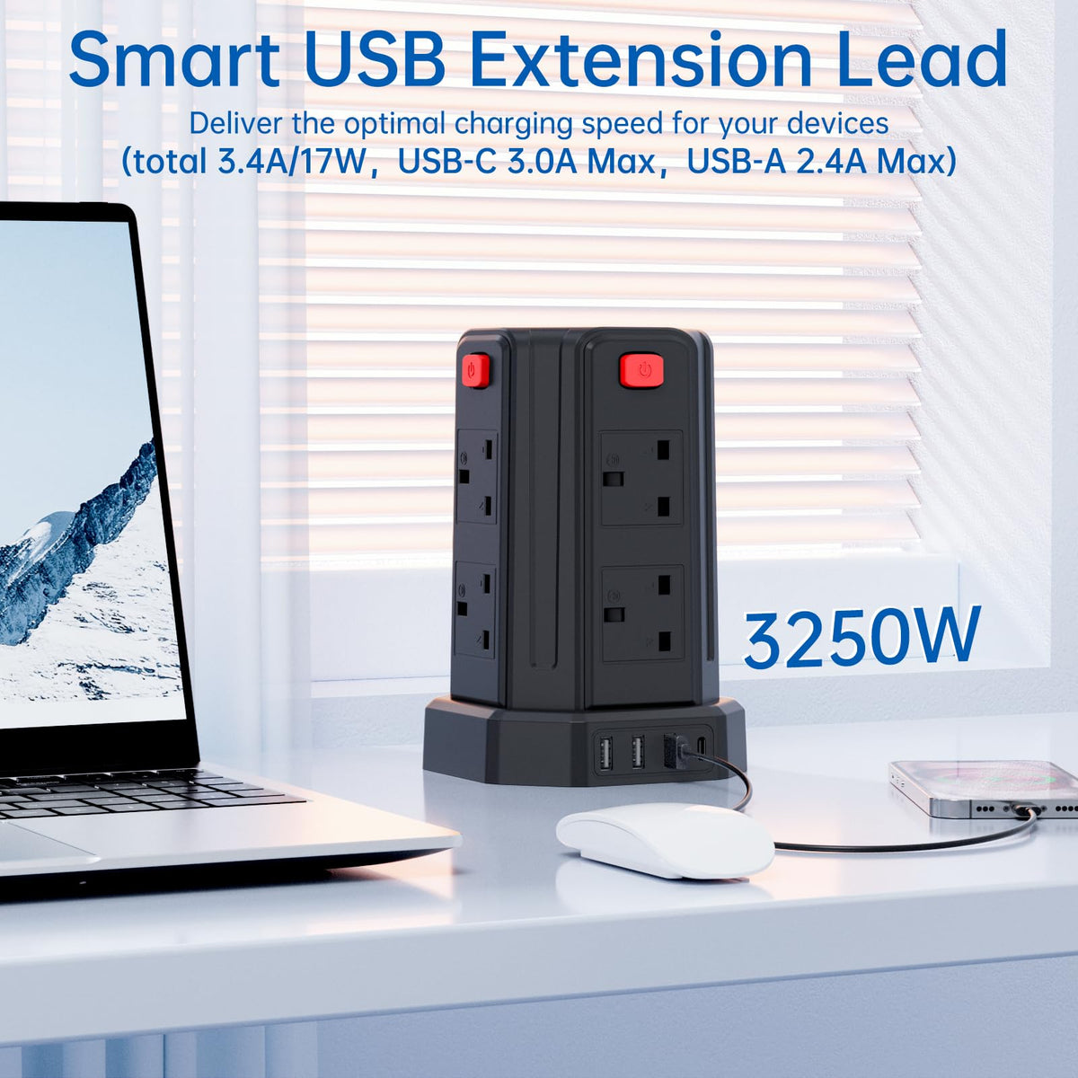 Tower Extension Lead 3M, [13A 3250W] Extension Lead, 8 AC Outlets & 4 USB Ports Multi Plug Socket Power Strip with 3M Extension Cable for Home, Office