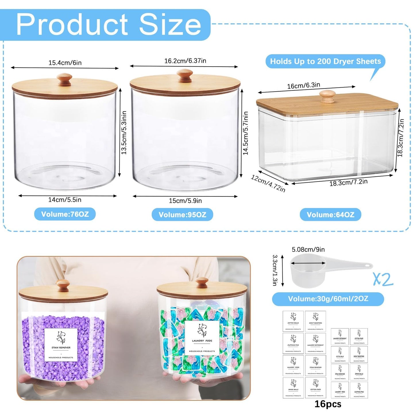 3-Pack Clear Laundry Pods Storage Container with Bamboo Lid, Labels & Scoop – Washing Pods Holder for Powder, Dishwasher Tablets, Scent Booster – Laundry, Bathroom, Kitchen Organization(Square)
