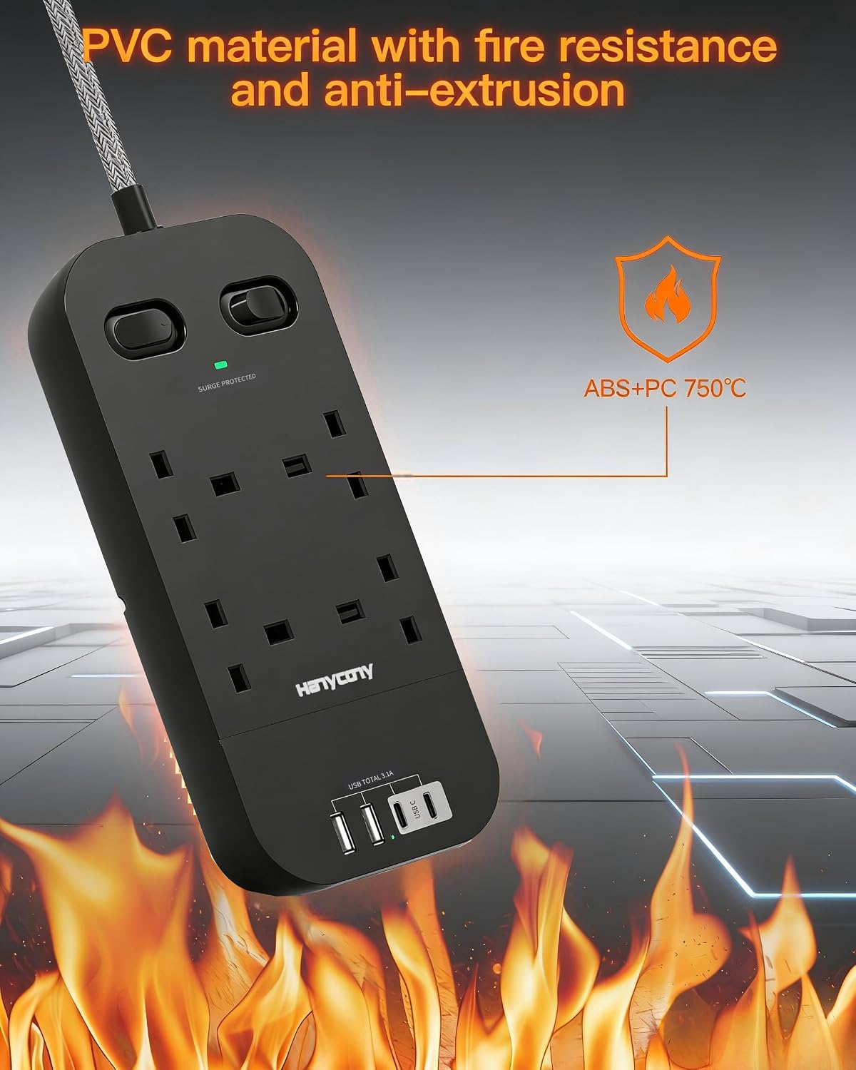 5M Extension Lead Surge Protected, 4 Way Outlets with 2 USB C & 2 USB A