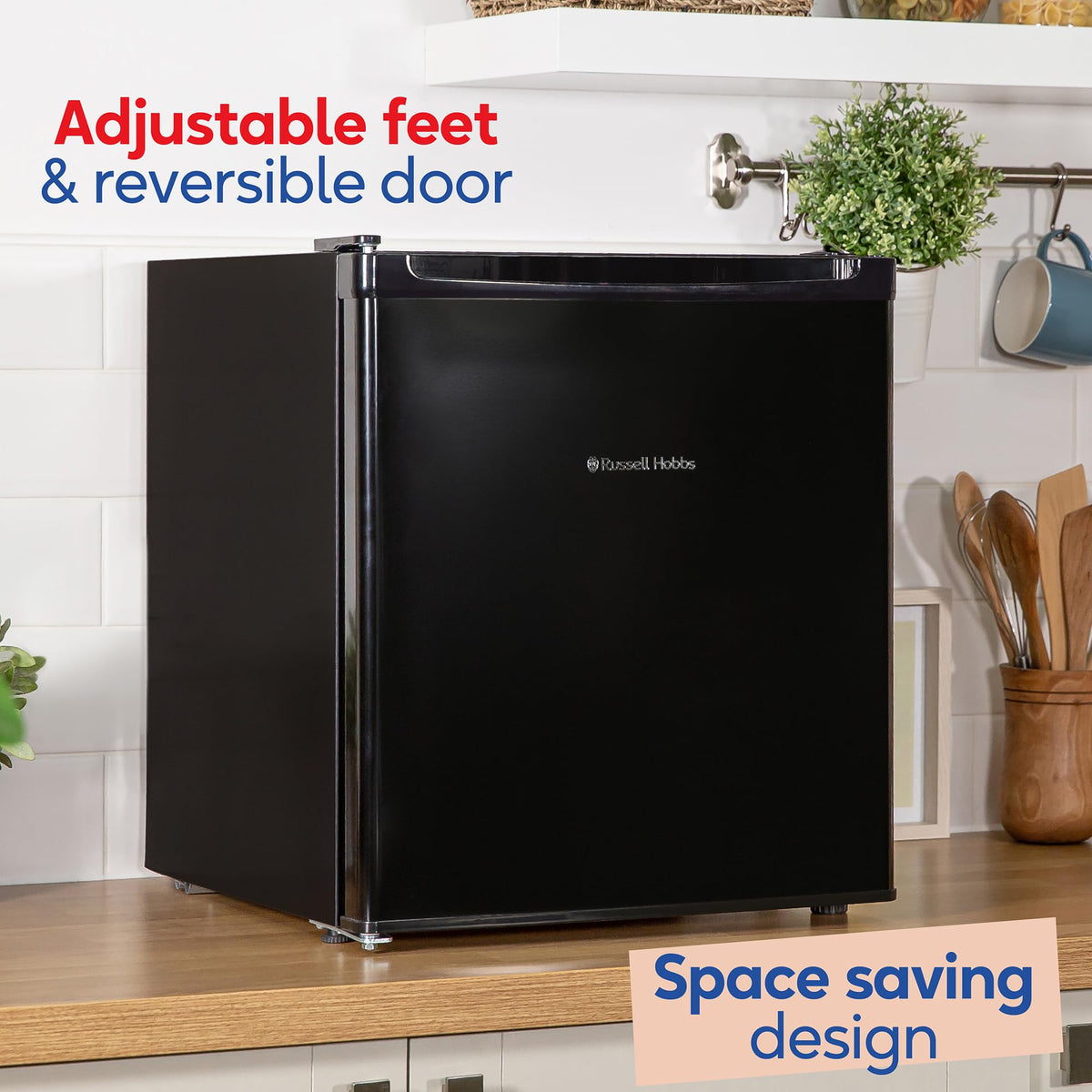 Russell Hobbs Table Top Larder Mini Fridge 66L Capacity, Reversible Door & Adjustable Feet, 0 to 8 Degrees Manual Temperature Control, Silver RH67TTLF0E1SS