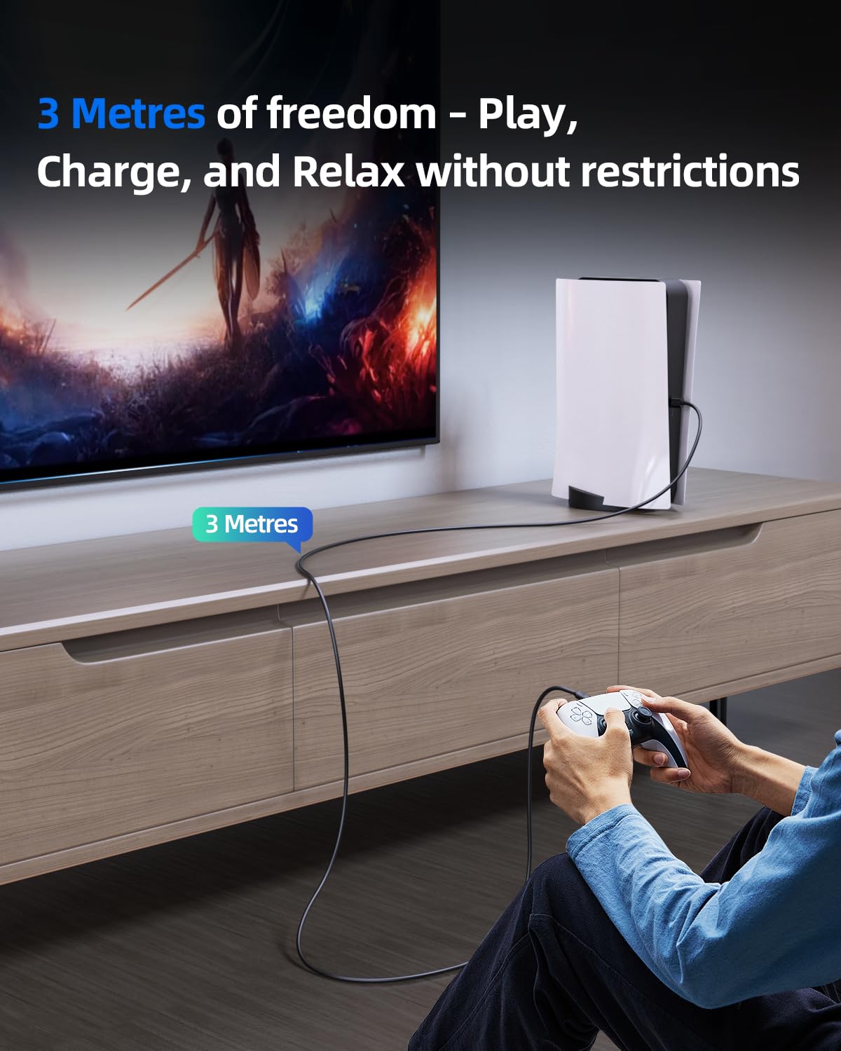 Superer 1.5M White Fit for Sony PS5 Controller Charger USB-C Charging Cable