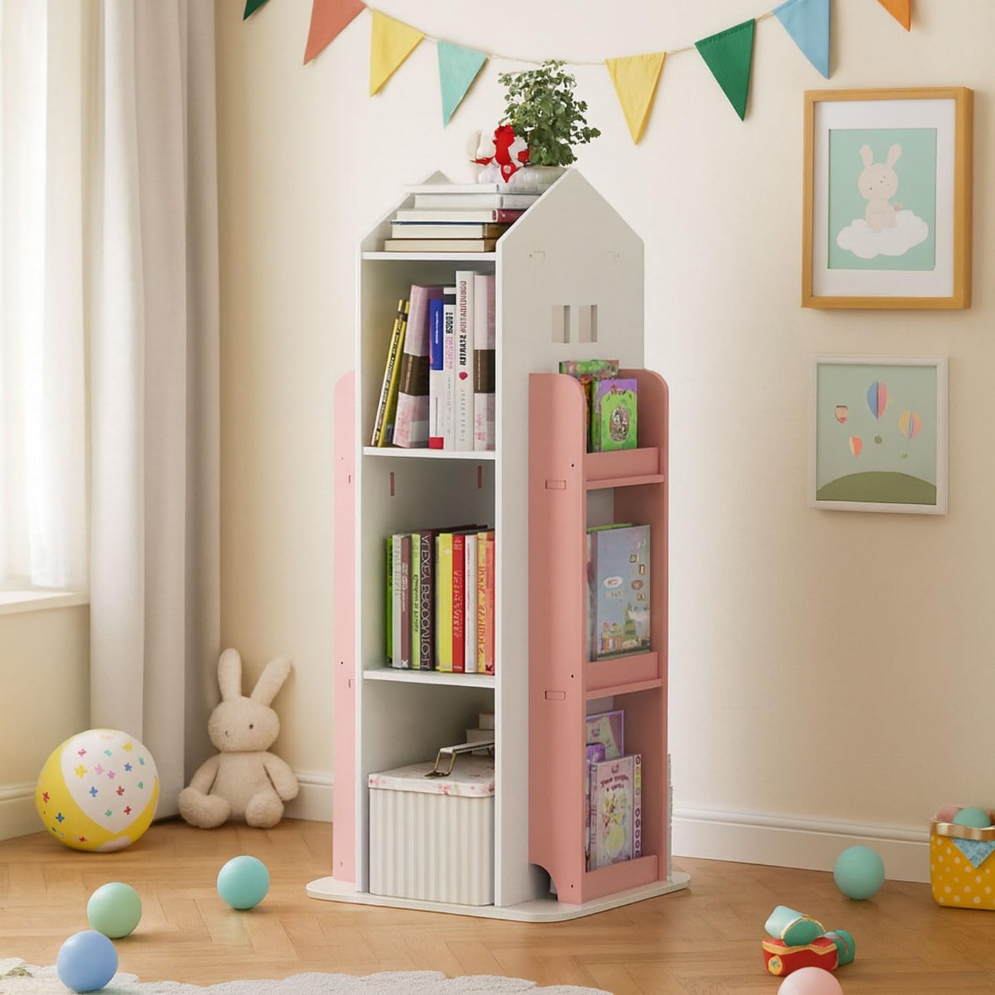 Neo House Shaped 360° Rotating Kids' Children's Freestanding Bookshelf Bookcase 10 Shelf Shelve Space‑Saving Design (White)